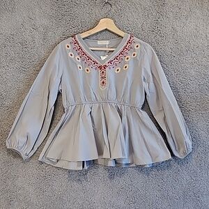 Gamiss Steel Gray Long Sleeve V-neck Embroidered Blouse NEW Sz M